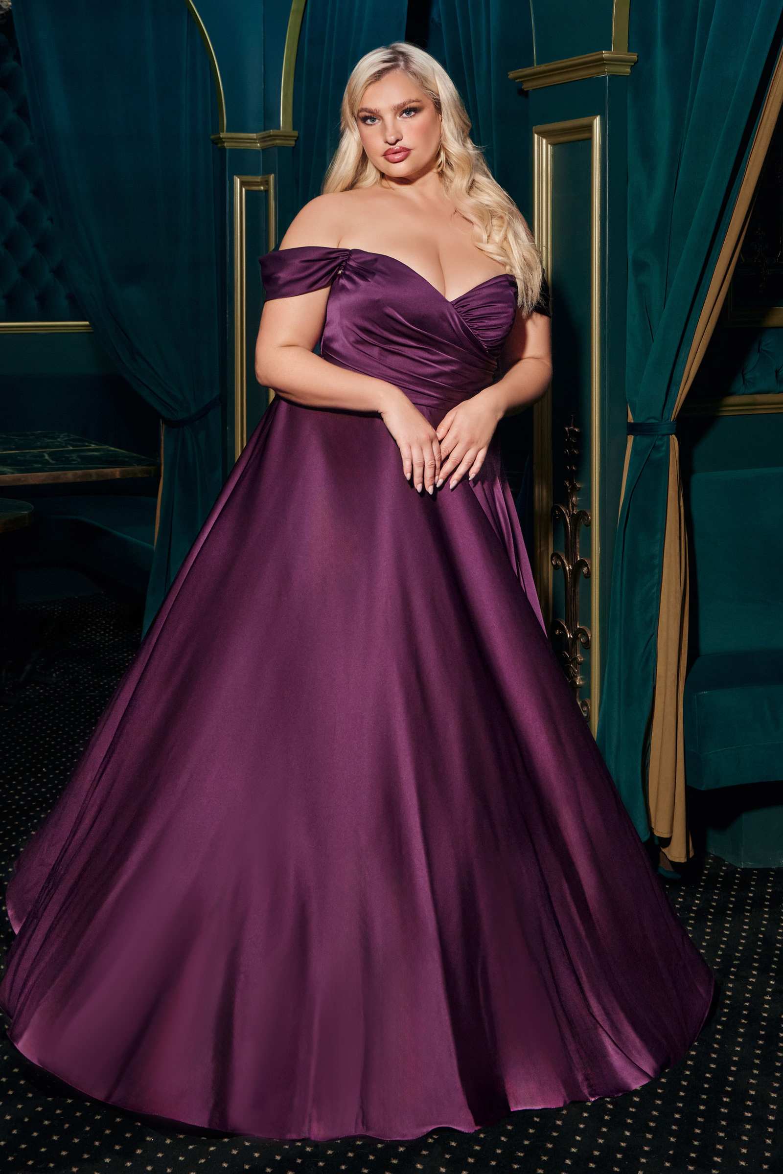 Purple off-the-shoulder satin A-line long dress with ruched bust and full skirt