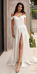 Off-the-shoulder satin bridal dress with sweetheart neckline and thigh-high slit