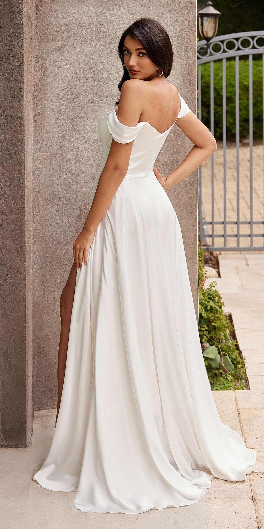Off-the-shoulder satin bridal dress with fitted bodice and flowing A-line skirt