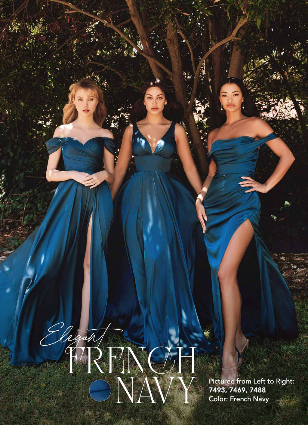 Long satin formal dress in deep blue, off-shoulder bodice with gathered detailing and slit