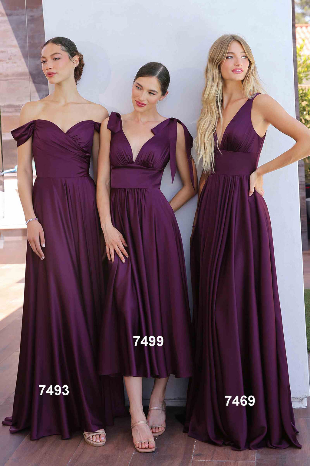 Burgundy off-the-shoulder satin A-line long dresses on three models