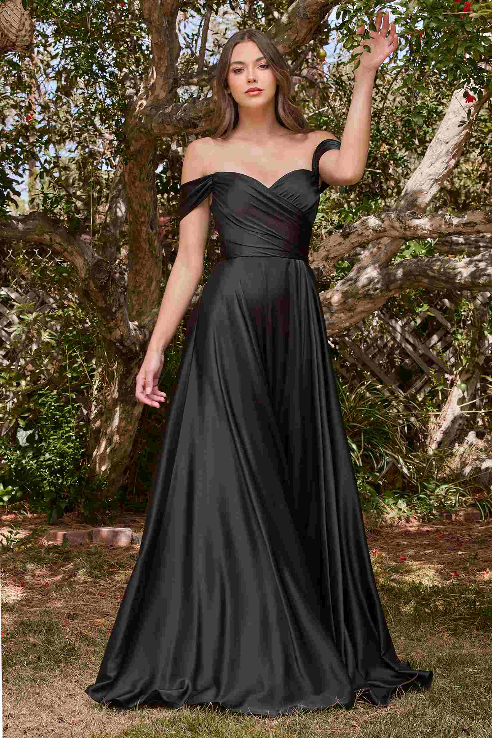Black off-the-shoulder satin A-line long dress with sweetheart neckline