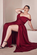 Long off-shoulder satin A-line dress in burgundy, ruched bodice and flowing skirt