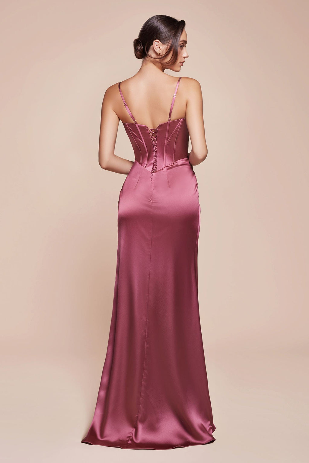 Satin draped bustier gown with open back and thigh-high slit, mauve burgundy