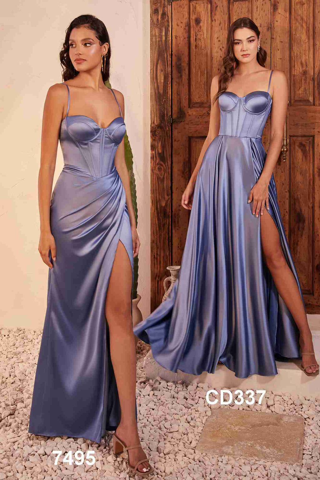 Light blue satin bustier gown with sweetheart neckline and front thigh slit, two angles