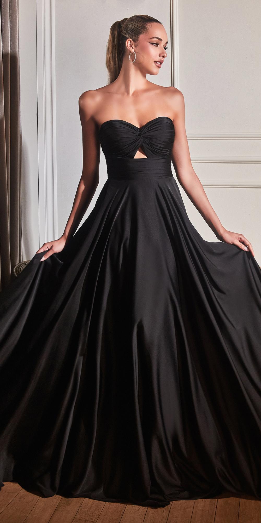 Black satin strapless A-line gown with keyhole cutout at the bust.