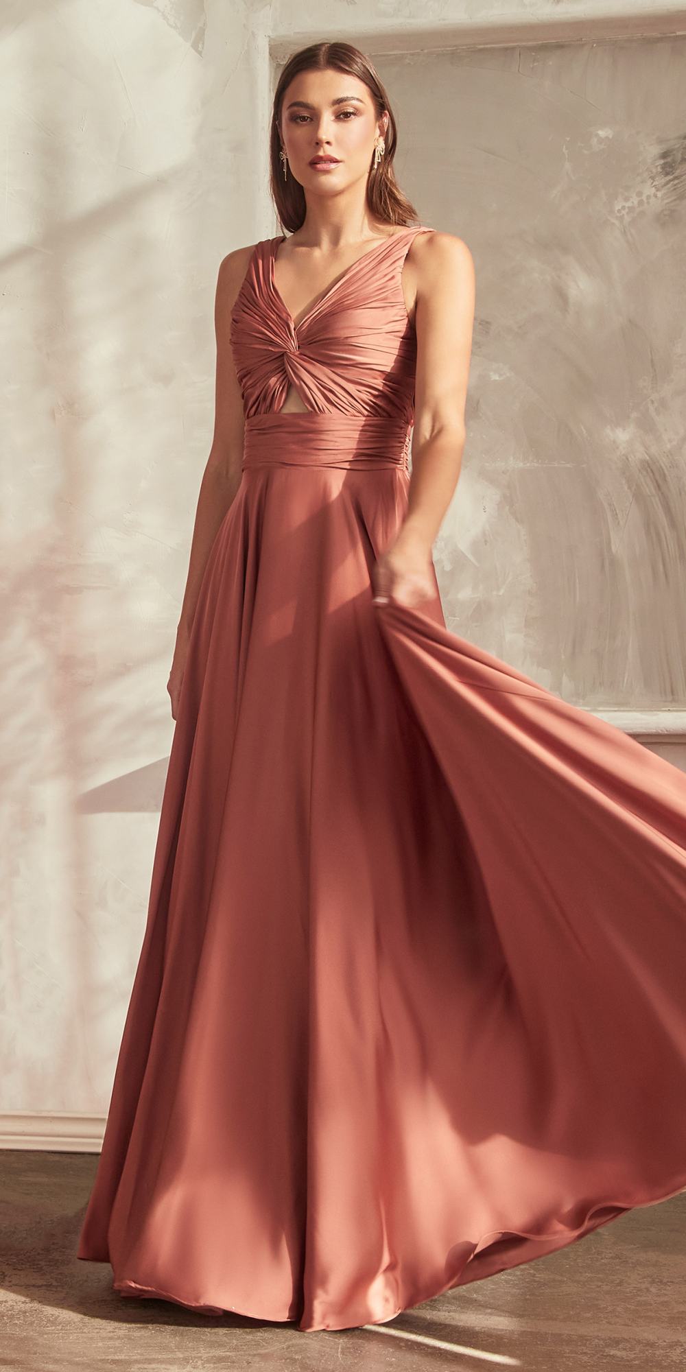 Rose mauve satin A-line formal gown with V-neck twisted bodice and flowing skirt