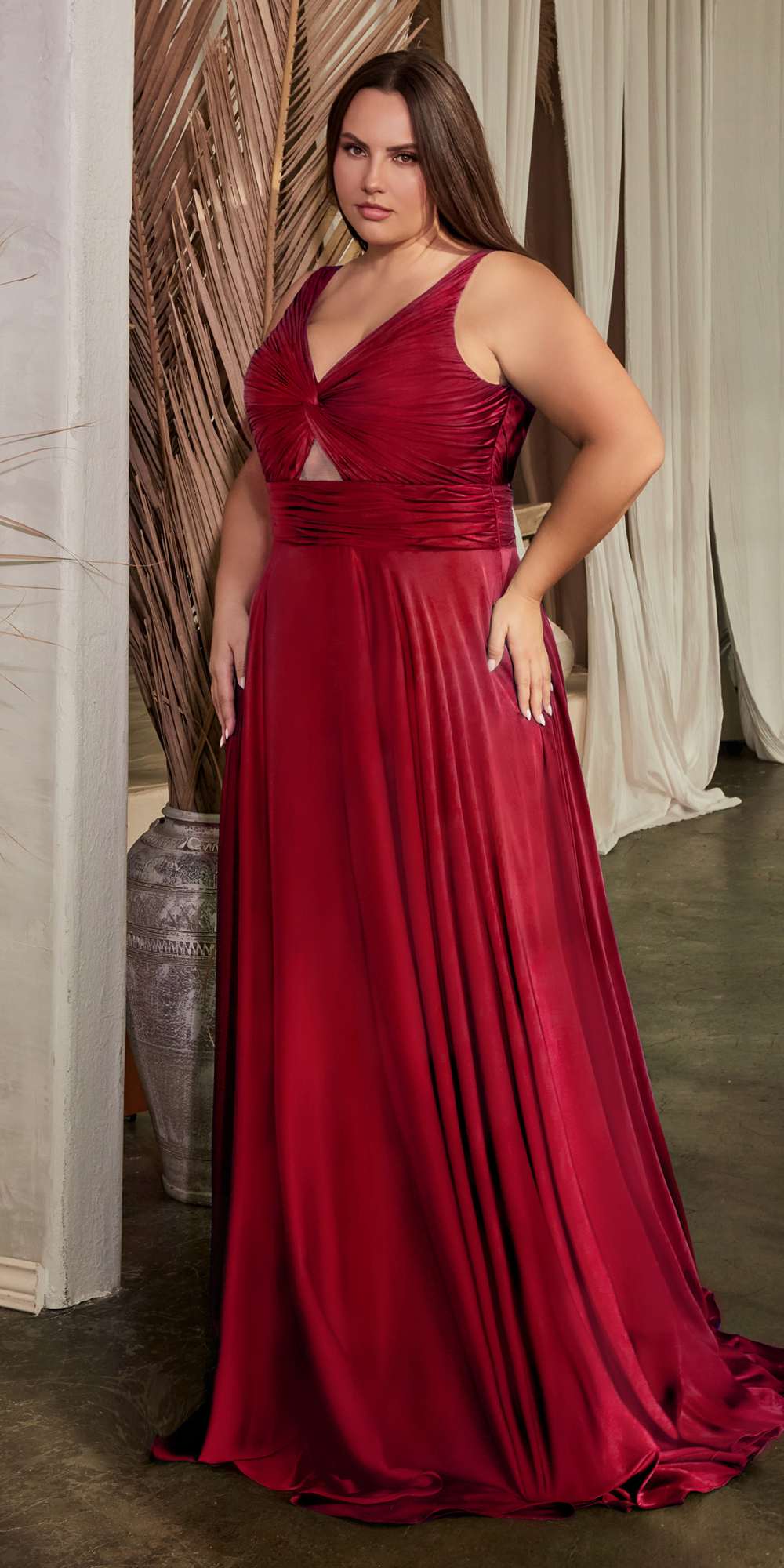 Deep red satin A-line formal gown with V-neck ruched twisted bodice and long skirt