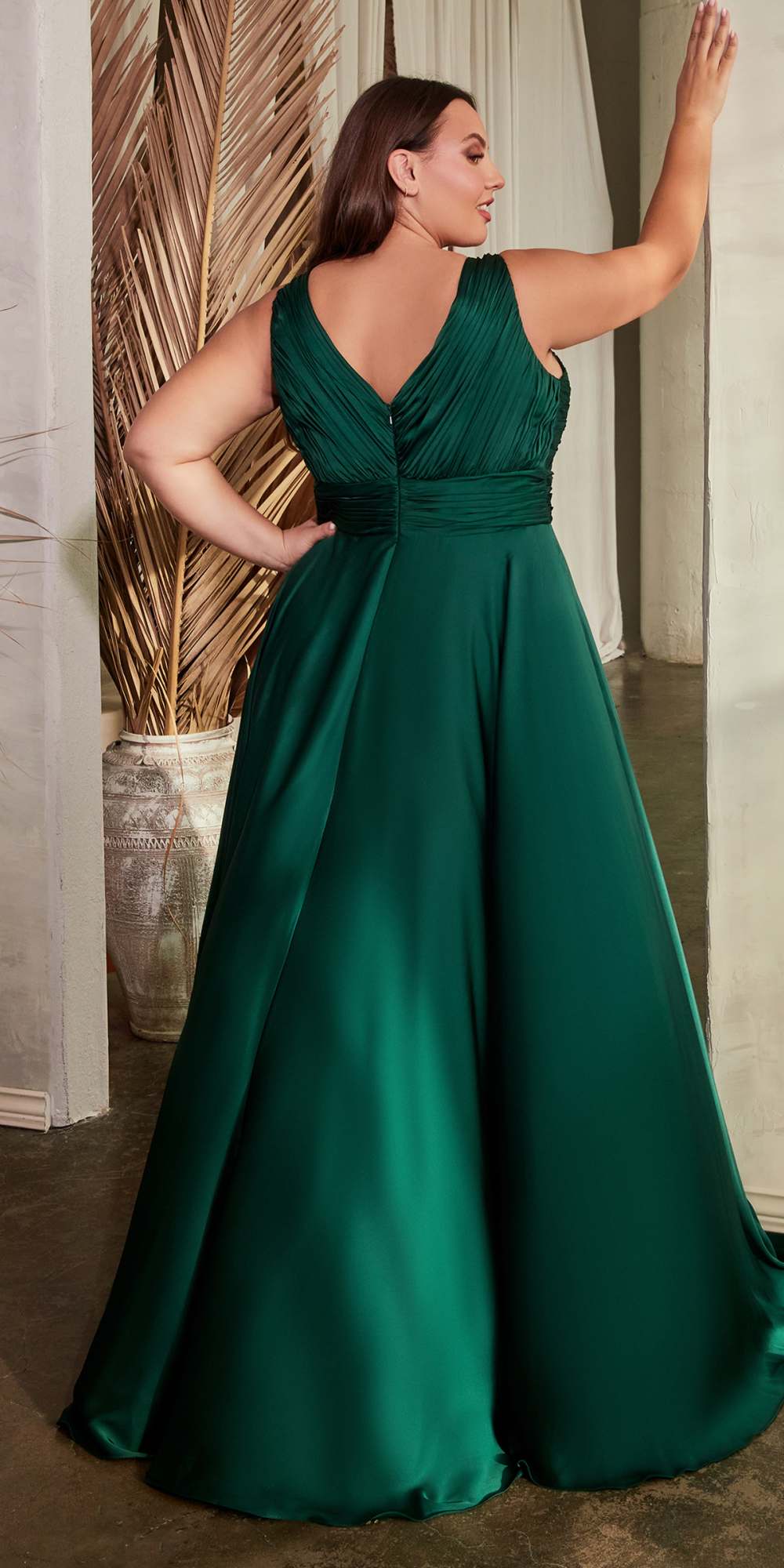 Hunter green satin A-line formal gown with V-neck twisted bodice and pleated skirt