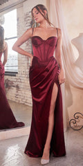 Burgundy satin sweetheart draped gown with fitted bodice and thigh-high slit