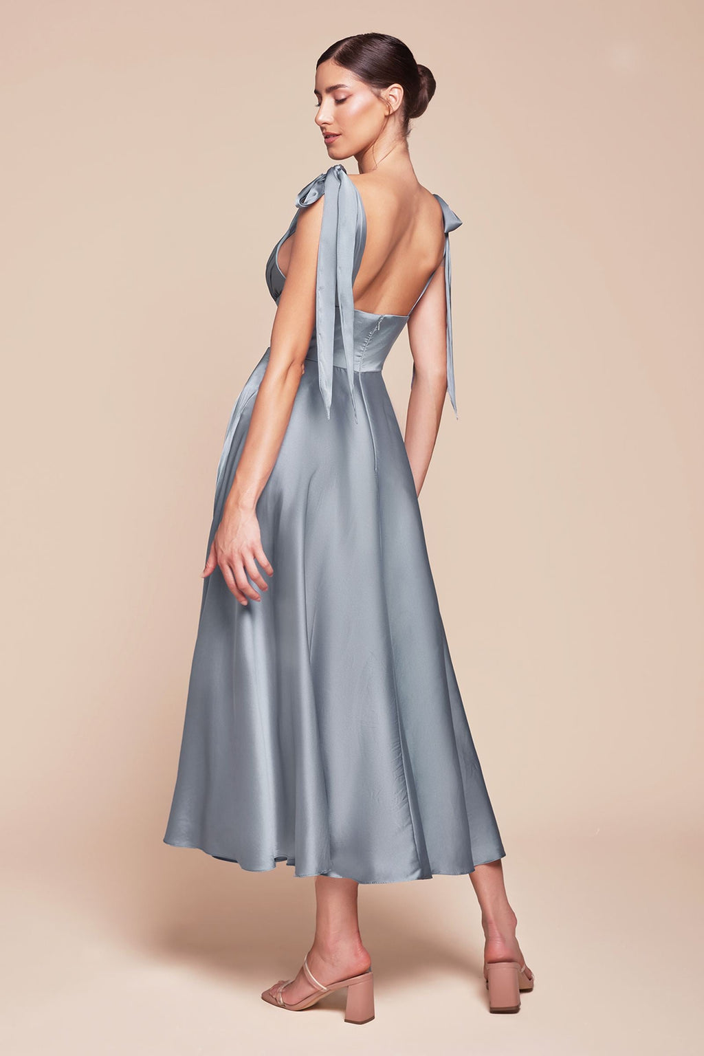 Satin A-line tea-length dress in dusty blue with V-neck and gathered skirt