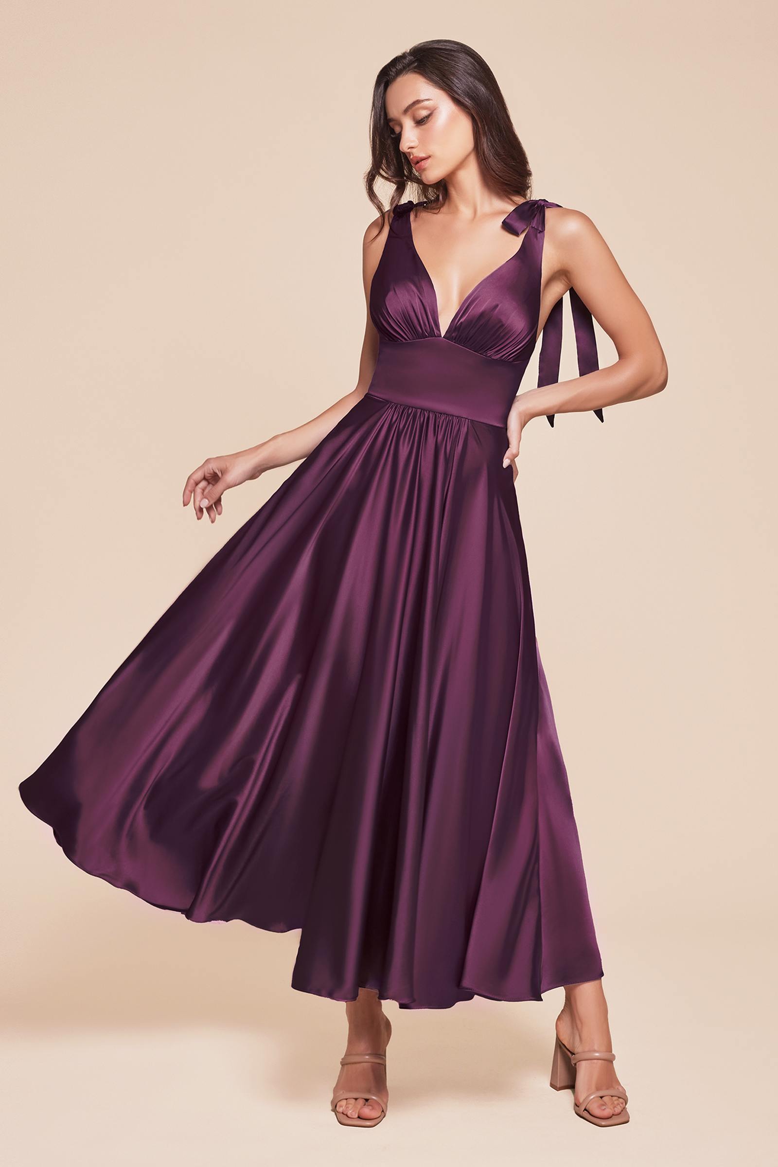 Satin A-line tea-length dress in burgundy with V-neck and cap sleeves