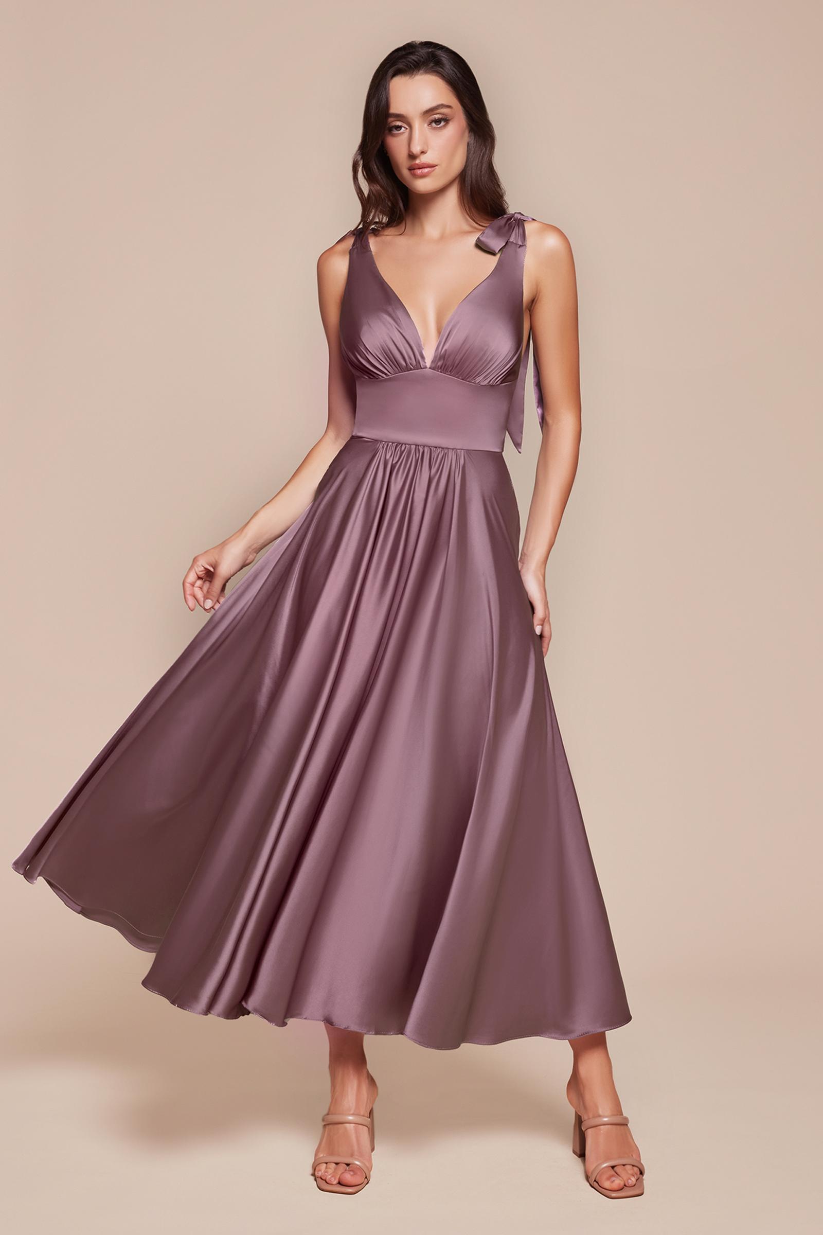 Burgundy tea-length satin A-line dress with V-neck and pleated skirt