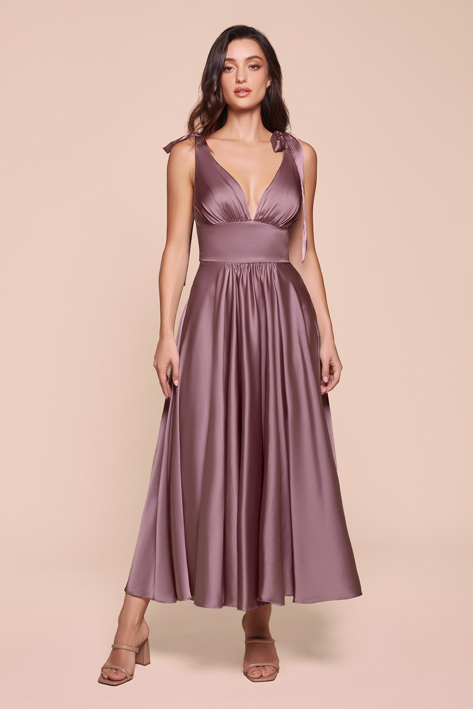 Satin A-line tea-length dress in mauve with V-neck and gathered waist