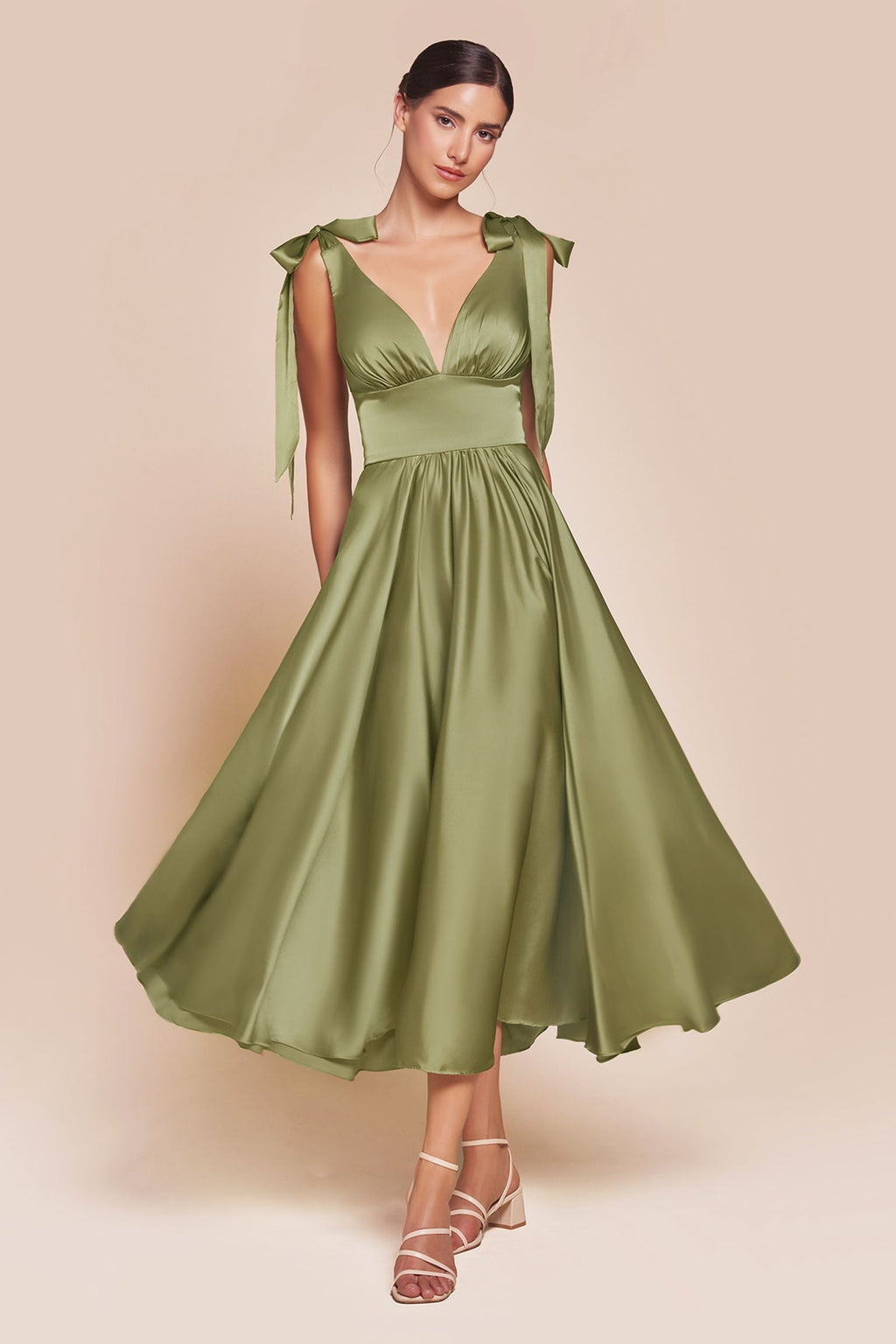 Olive green tea-length satin A-line dress with V-neck and pleated waist