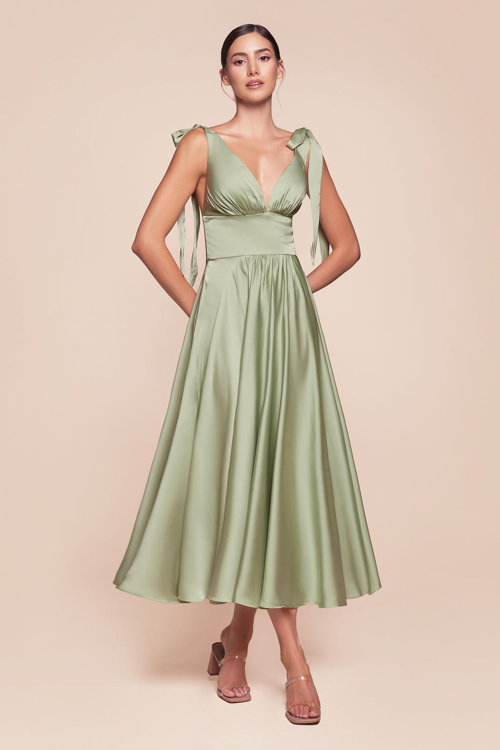 Light olive tea-length satin A-line dress with V-neck and bow-strap shoulders