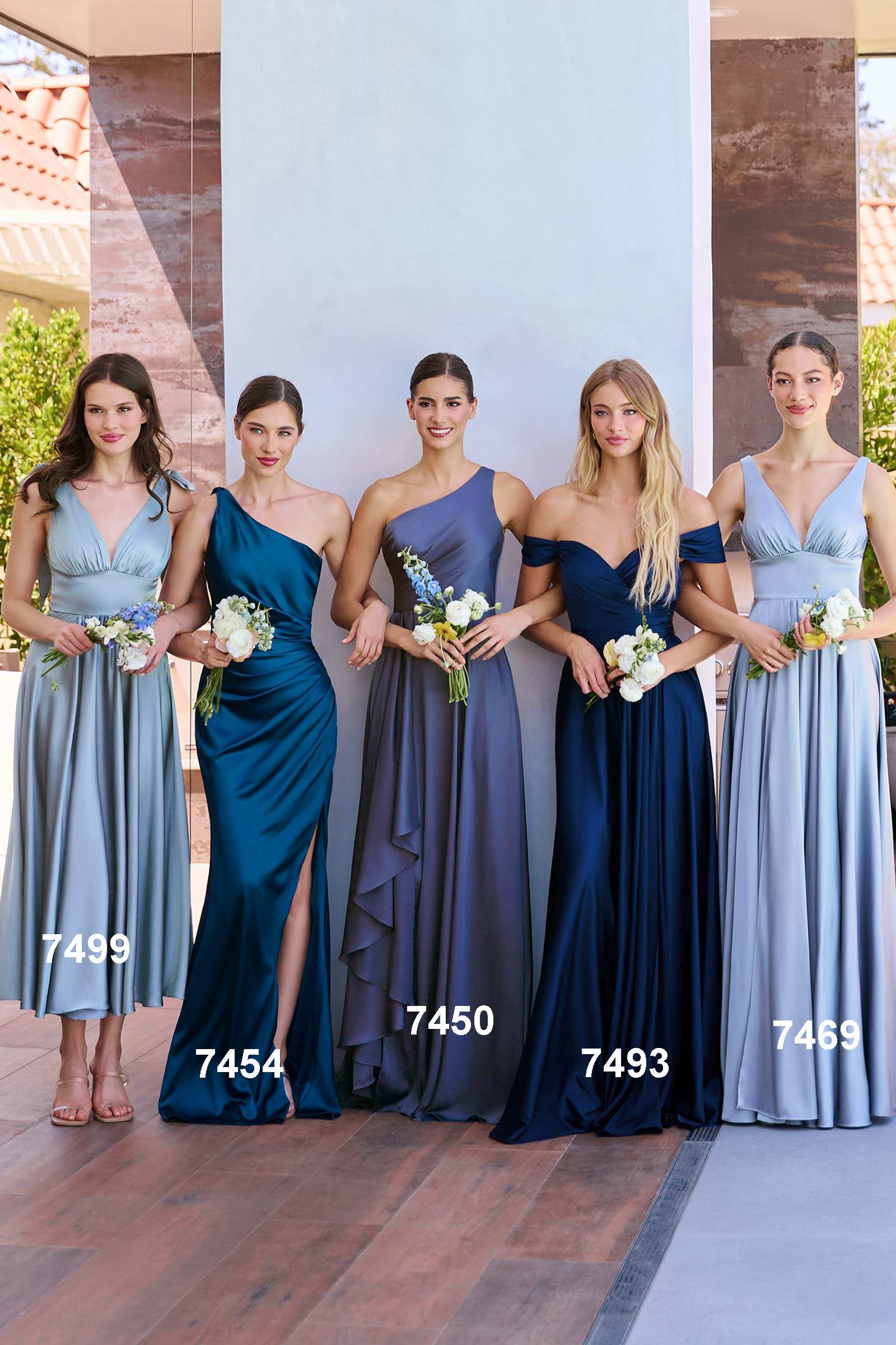 Group of long off-the-shoulder satin A-line dresses in light blue and navy