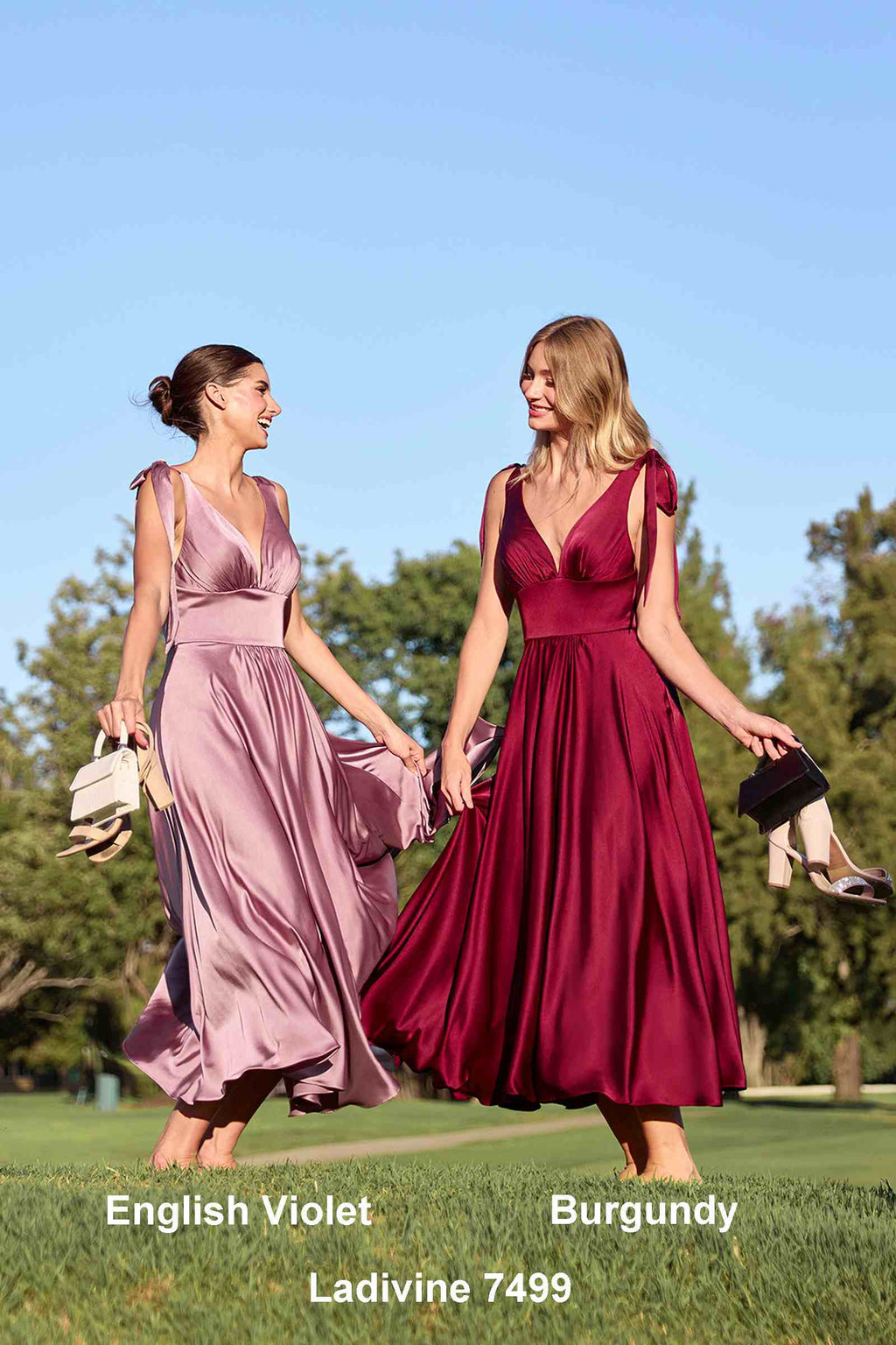 Satin A-line tea-length dress in burgundy and dusty rose with V-neck bodice