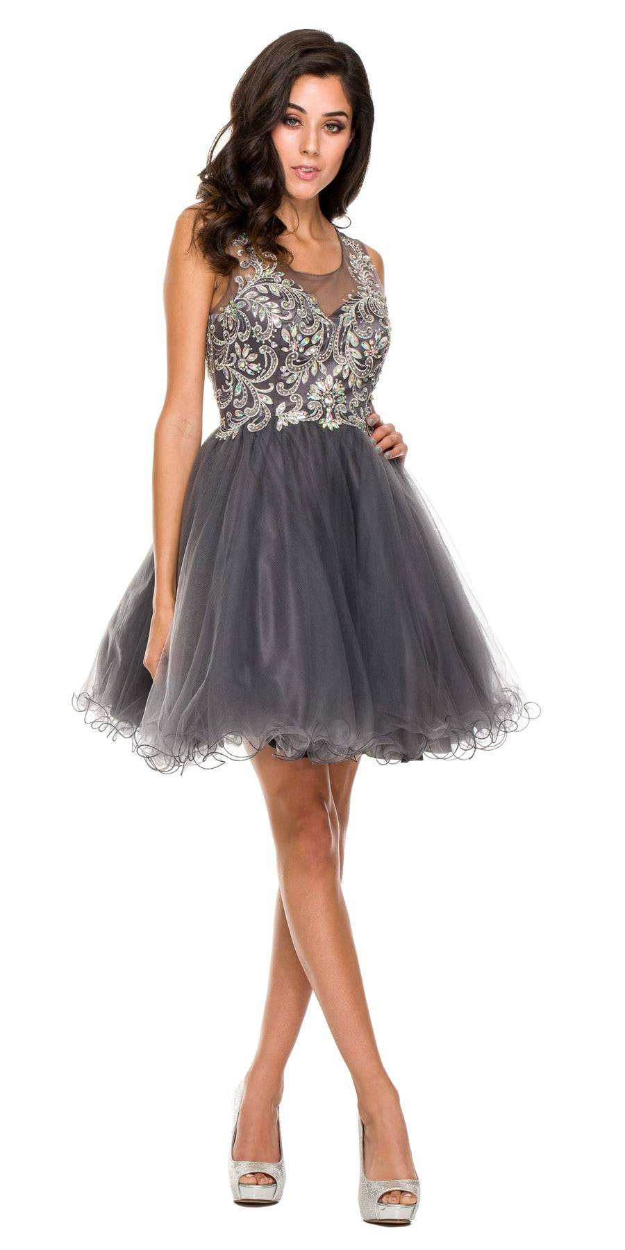 Charcoal tulle A-line short dress with ornate embroidered bodice and scalloped hem