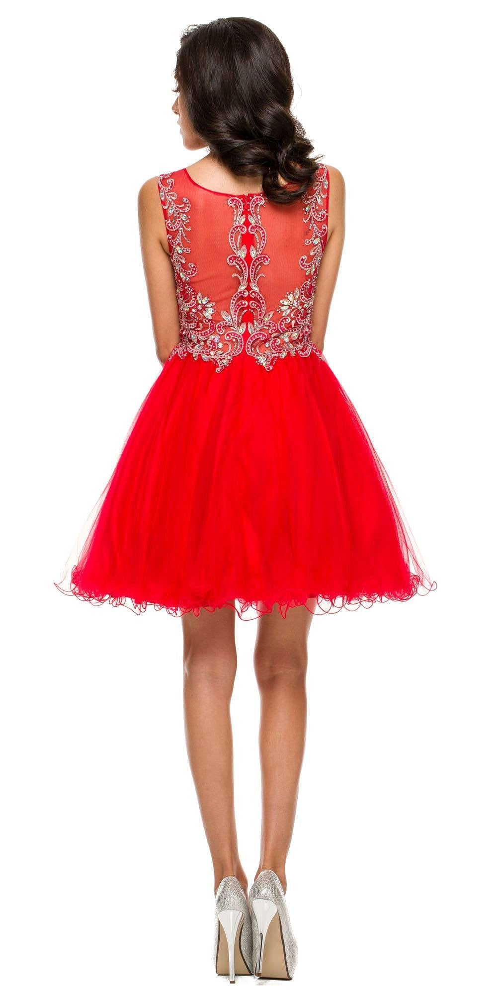 Red tulle A-line short dress, back view with embroidered yoke and skirt