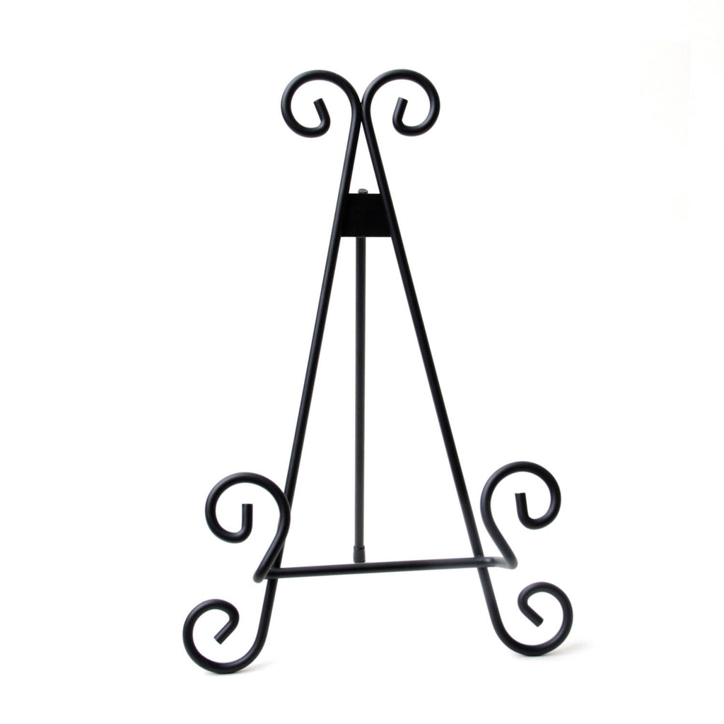 Black metal A-frame display stand with curled feet