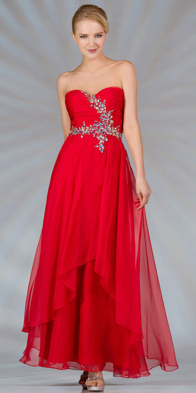 Strapless prom gown in red with embellished beaded bodice and layered chiffon skirt