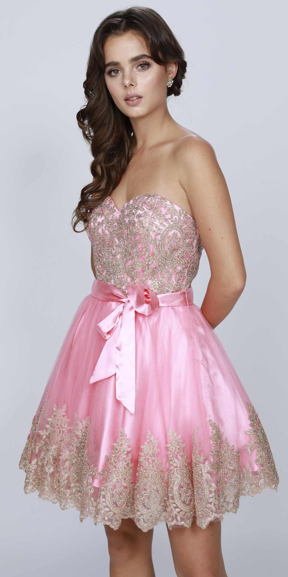 Coral pink strapless short dress with sweetheart neckline, gold print, bow waist