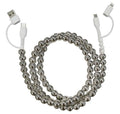 Silver beaded 4-in-1 charging cable with USB connectors and shiny bead details