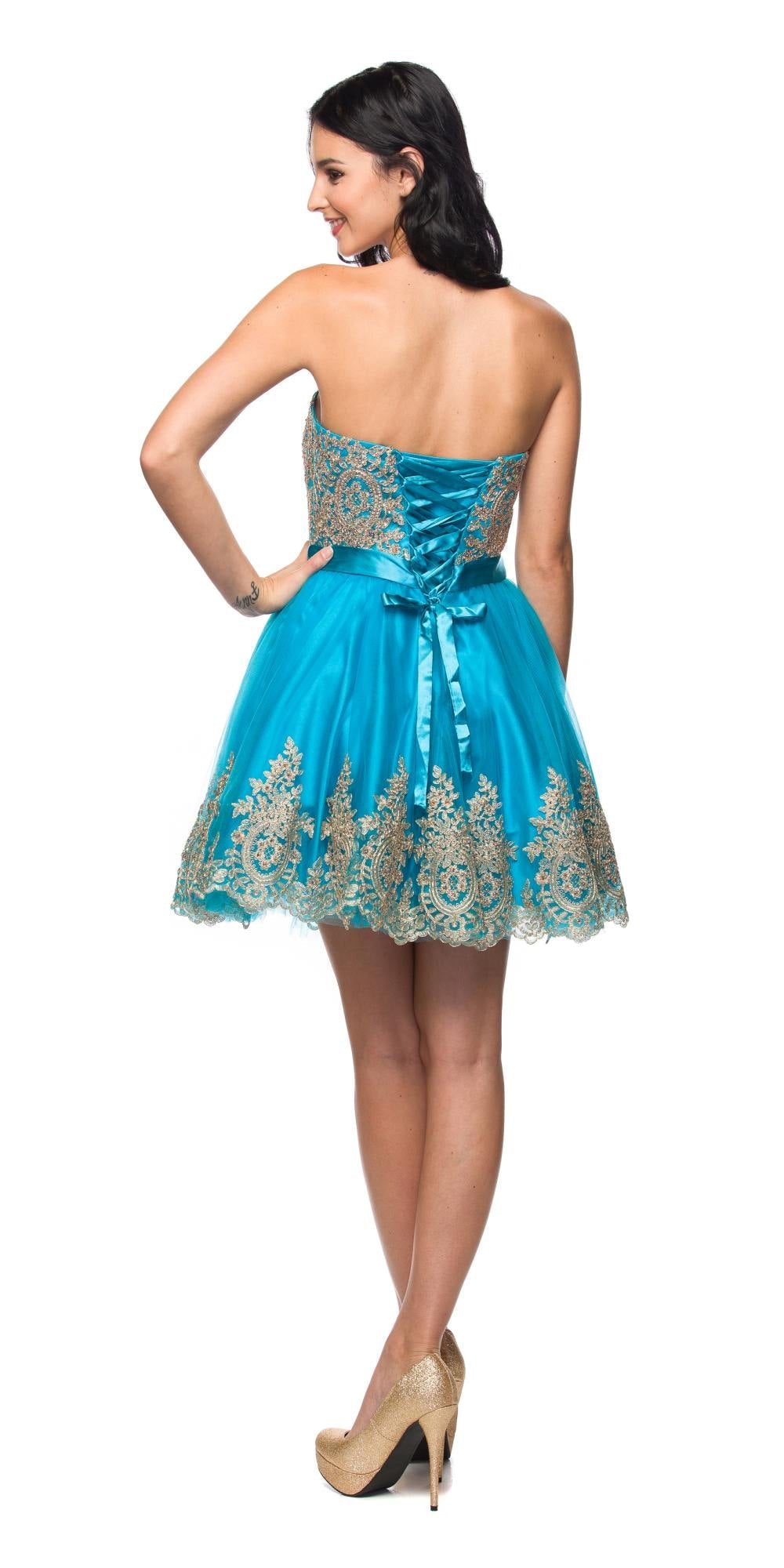 Cyan blue strapless short dress with back view, sweetheart neckline and teal ribbon bow