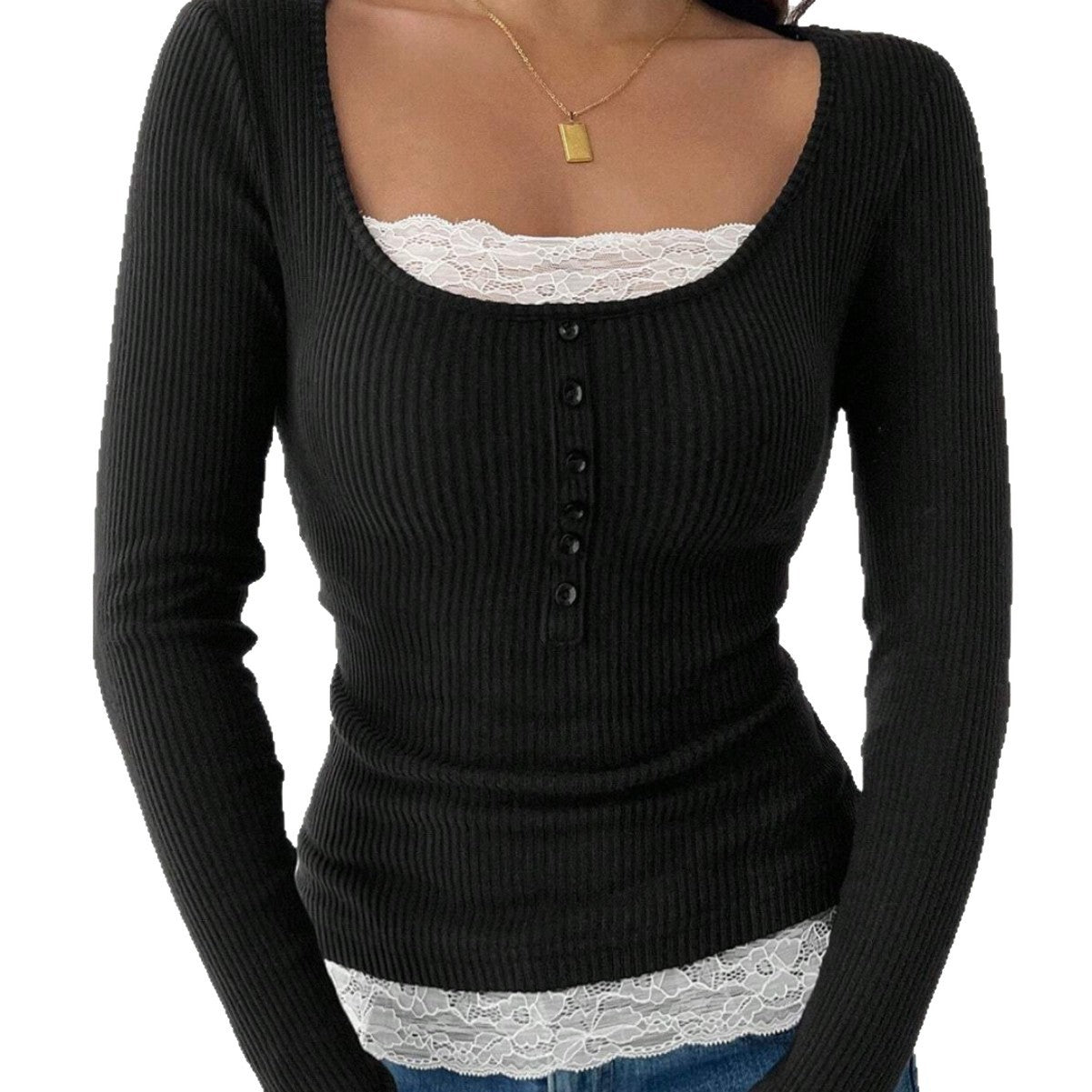 Women's Lace Stitching Crew Neck T-shirt Top