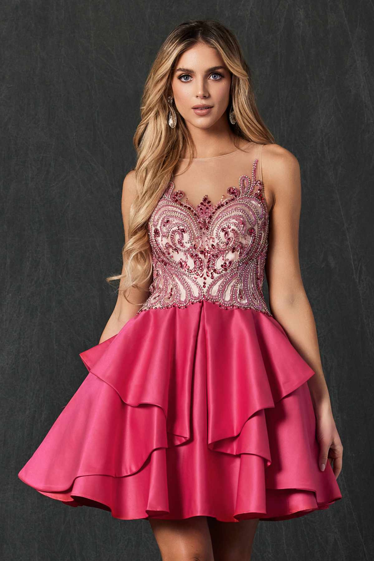 Embellished bodice fuchsia short dress with swirling beaded details and layered skirt