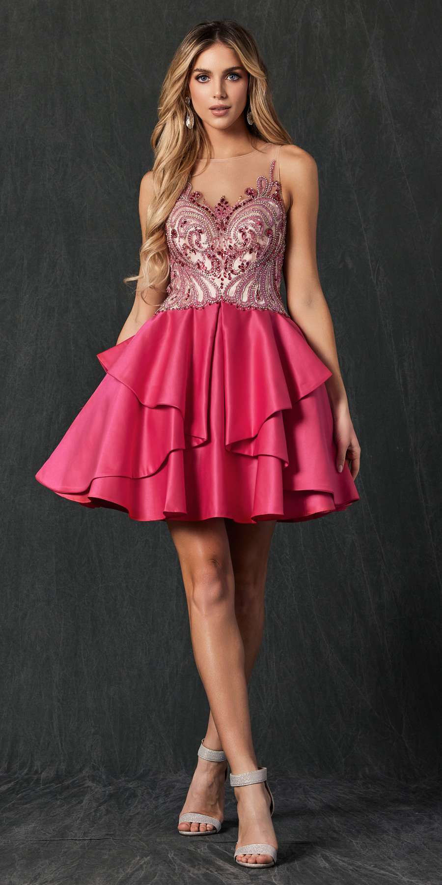 Embellished corset-style bodice fuchsia short dress with tiered ruffle skirt