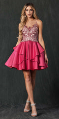 Embellished corset-style bodice fuchsia short dress with tiered ruffle skirt