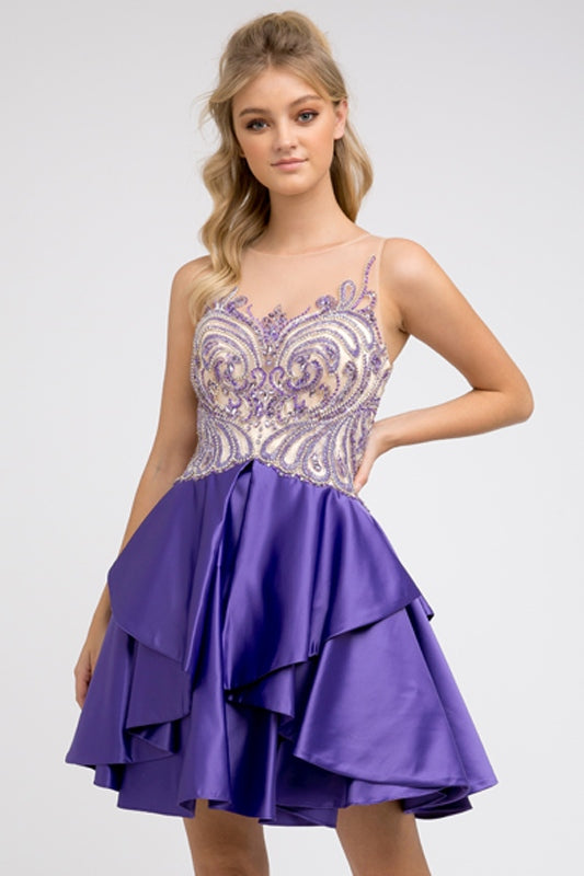 Embellished bodice purple short dress with tiered ruffle skirt, sleeveless