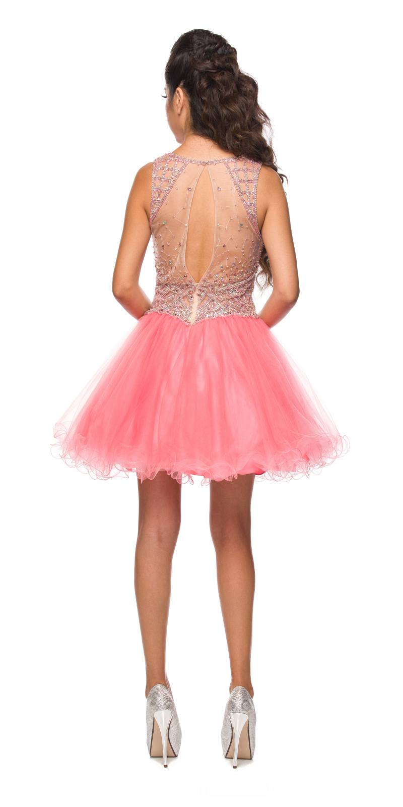 Pink short prom dress, open back embellished bodice with layered tulle skirt