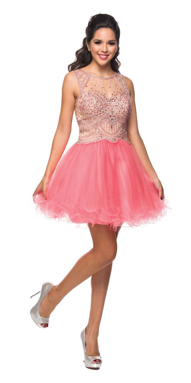 Pink short prom dress with embellished bodice and layered tulle skirt
