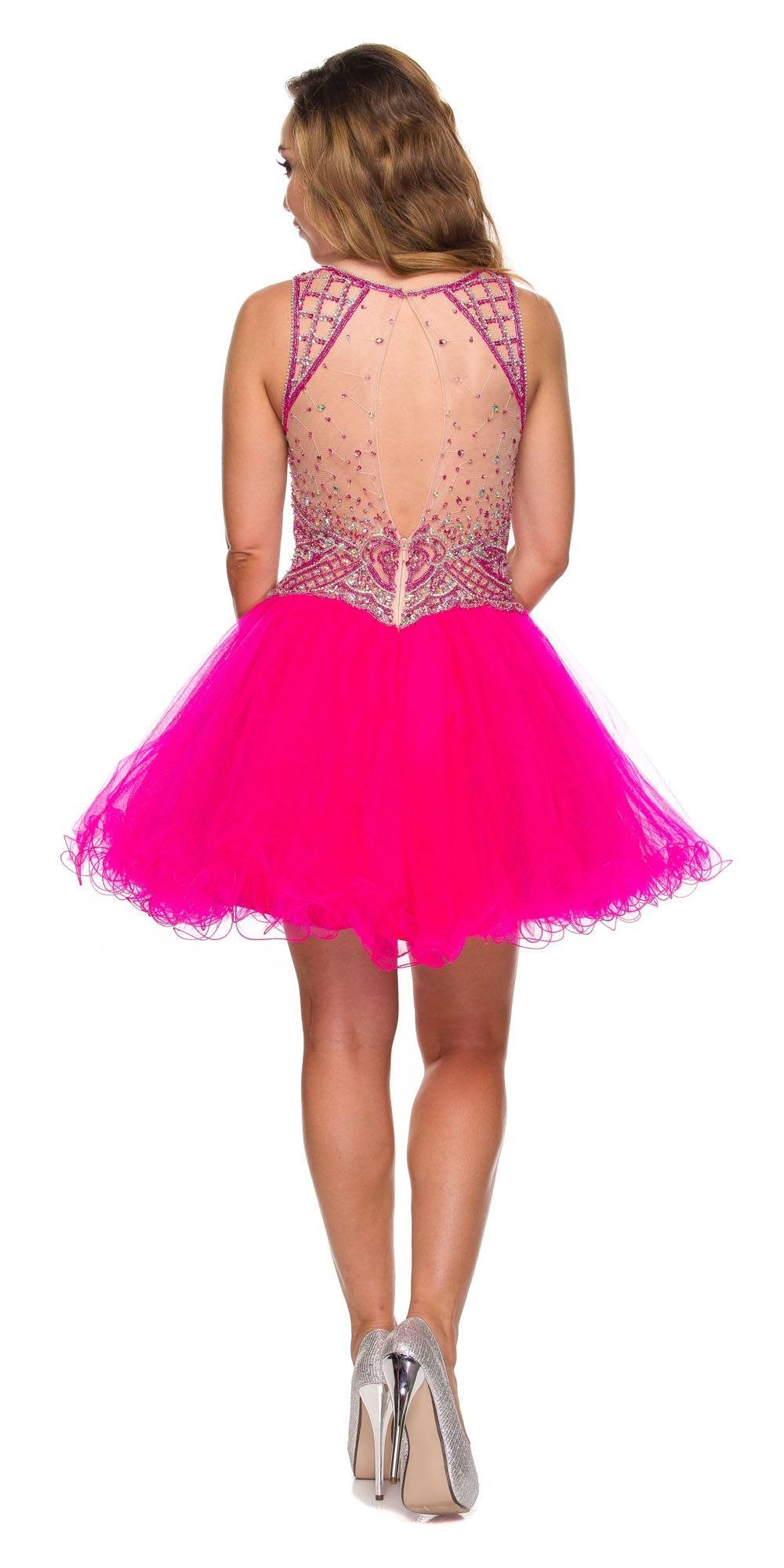 Fuchsia short prom dress with open back embellished bodice and tulle skirt