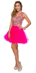 Fuchsia short prom dress with embellished bodice and fluffy tulle skirt