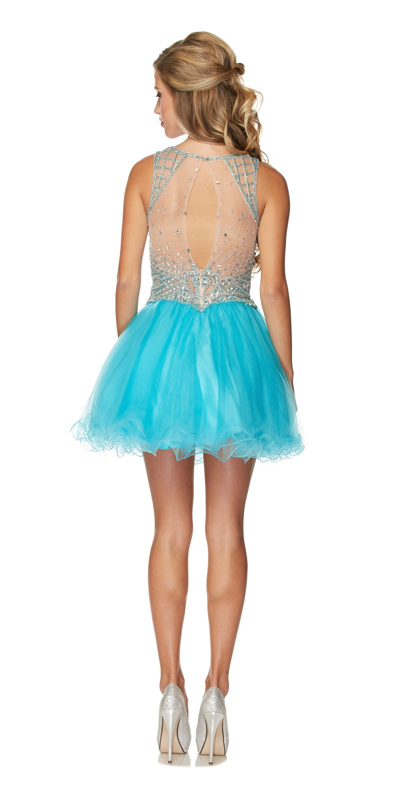 Turquoise short prom dress, open back with embellished bodice and tulle skirt