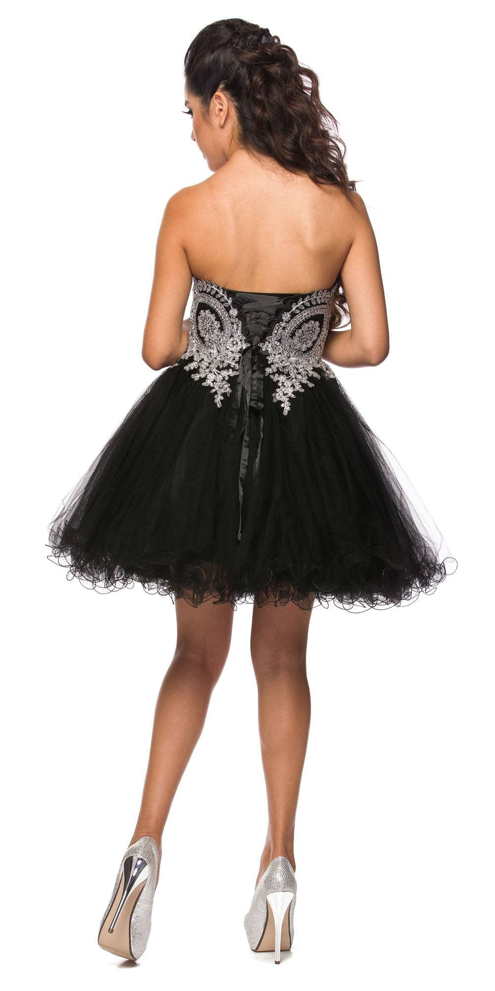 Sweetheart neckline poofy short dress, open-back black tulle with silver embroidery
