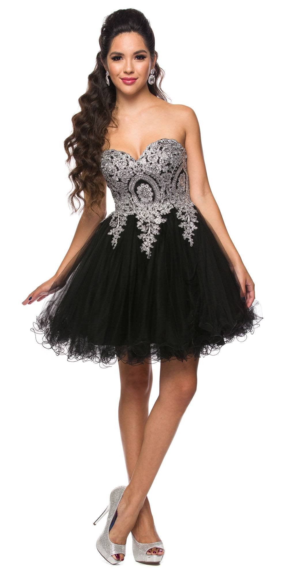 Sweetheart neckline poofy short dress in black tulle with silver beaded lace bodice