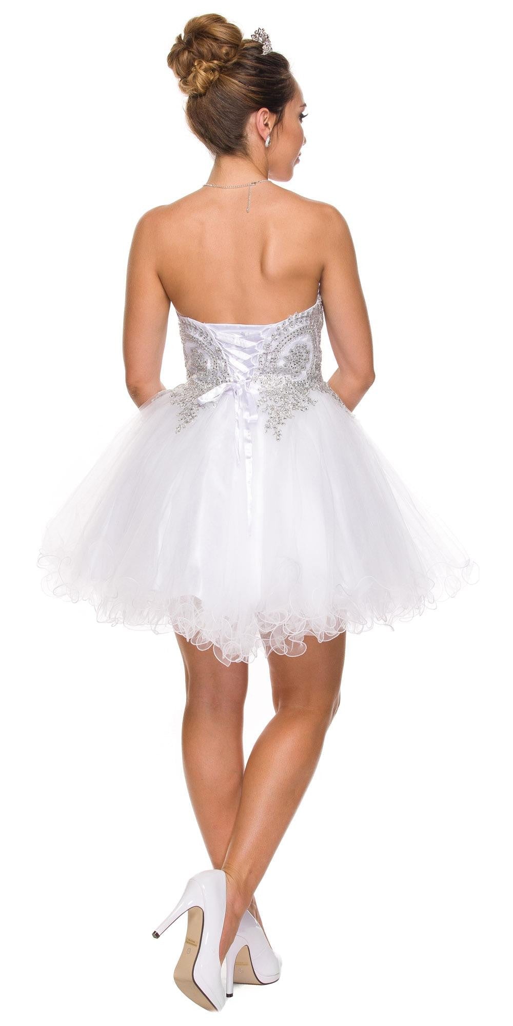 Sweetheart neckline poofy short dress with open back, white tulle and silver lace