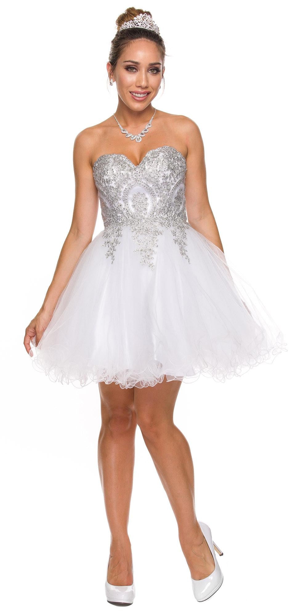 Sweetheart neckline poofy short dress in white tulle with silver beaded heart bodice