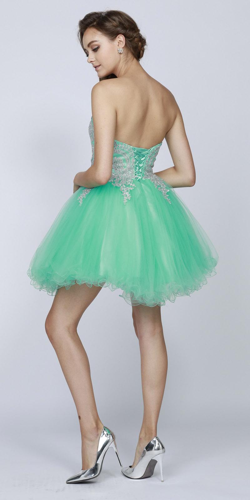 Sweetheart neckline poofy short dress with open back, jade tulle and silver appliques