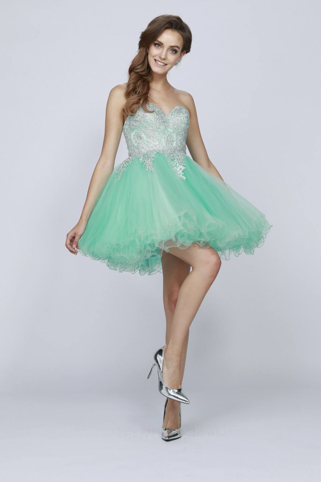 Sweetheart neckline poofy short dress in jade green tulle with silver embroidered bodice