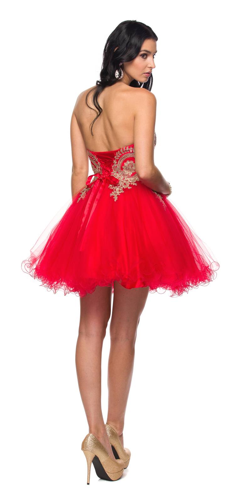 Red sweetheart poofy short dress with lace bodice and tulle skirt