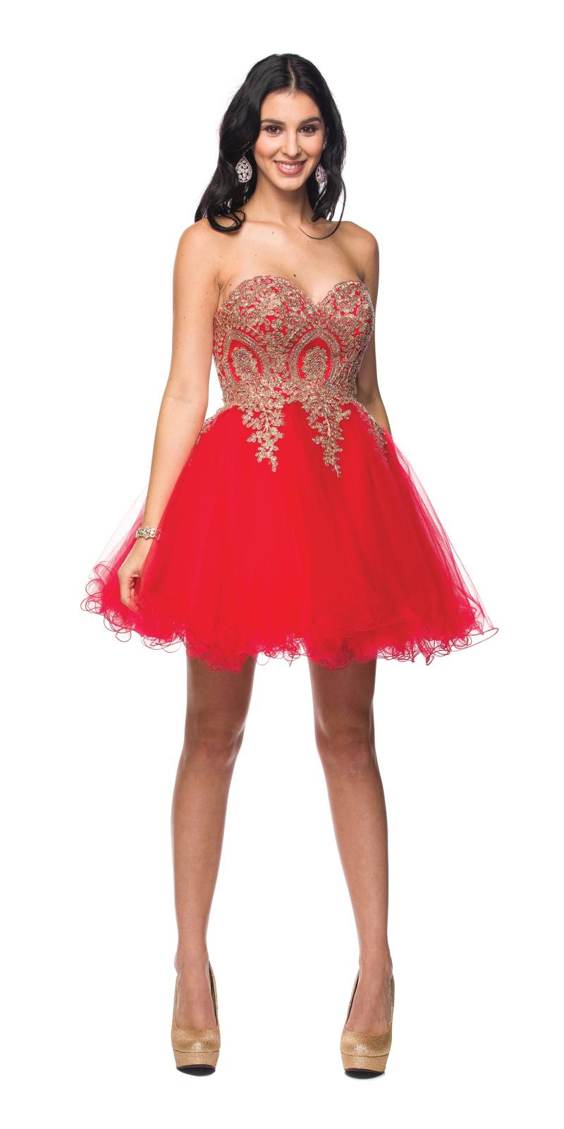 Sweetheart neckline poofy short dress in red tulle with silver-gold embellished bodice
