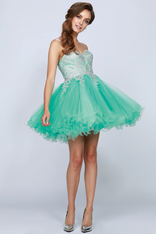 Sweetheart neckline poofy short dress with jade tulle skirt and silver beaded details