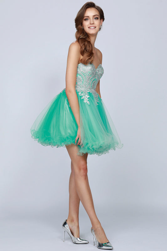 Sweetheart neckline poofy short dress, jade tulle skirt with silver lace detailing