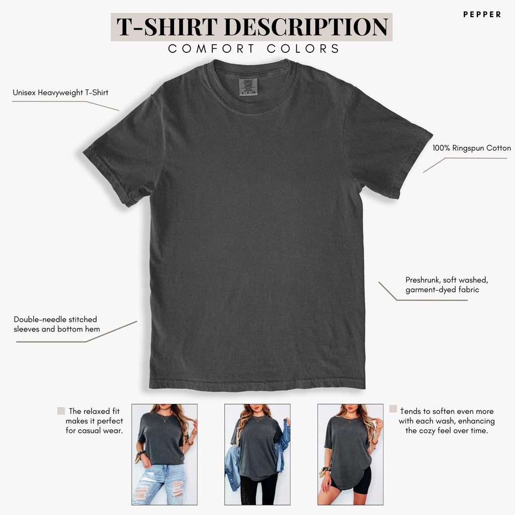 Charcoal/pepper T-shirt flat lay with comfort colors details and fit notes.